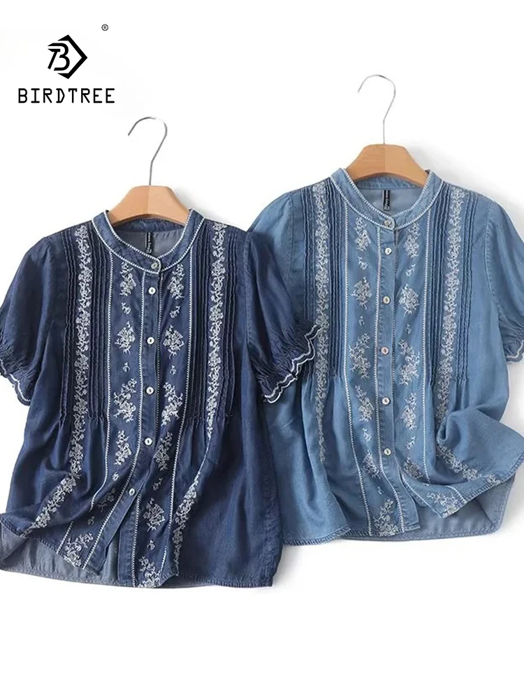 

New 2025 Summer Short Sleeve Tence Denim Shirt, Women O Neck Embroidery, Mori Girl Vintage Japan Style Loose Blouse T55947CC