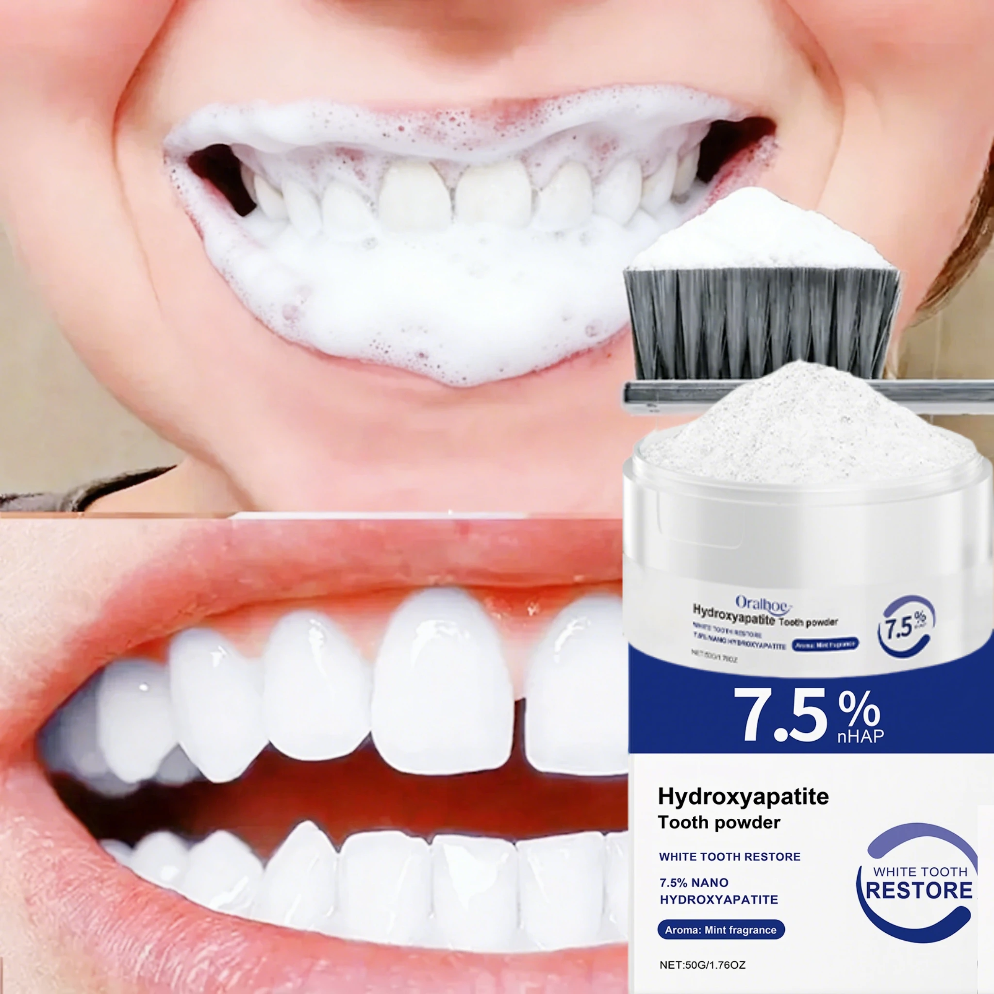 Polvo Dental Blanqueador de Limpieza Profunda con 7.5% de Hidroxiapatita - Remineralizante, Reparación del Esmalte, Menta Refrescante, Aliento Fresco