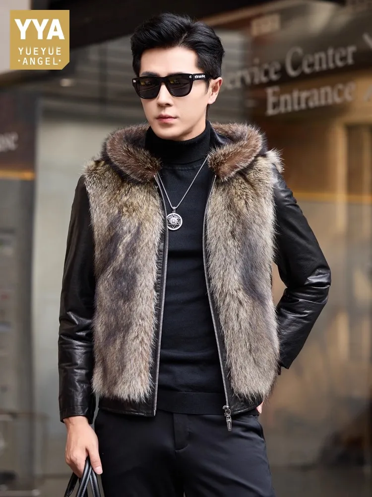 

Роскошная мужская куртка из натуральной кожи, масляное восковое пальто на пуху из воловьей кожи, зимняя верхняя одежда с капюшоном из меха енота, облегающие шикарные куртки из натурального меха