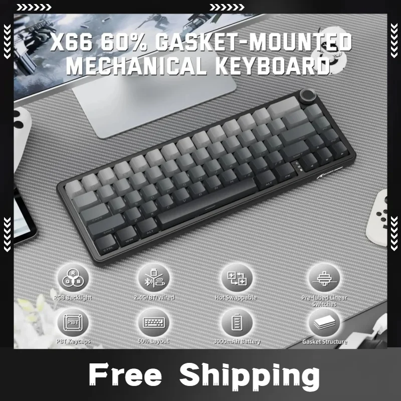 

Беспроводная механическая клавиатура Attack Shark X66 с 60% раскладкой, полная клавиша, без Conflict, макроопределенная, проводная клавиатура с возможностью горячей замены