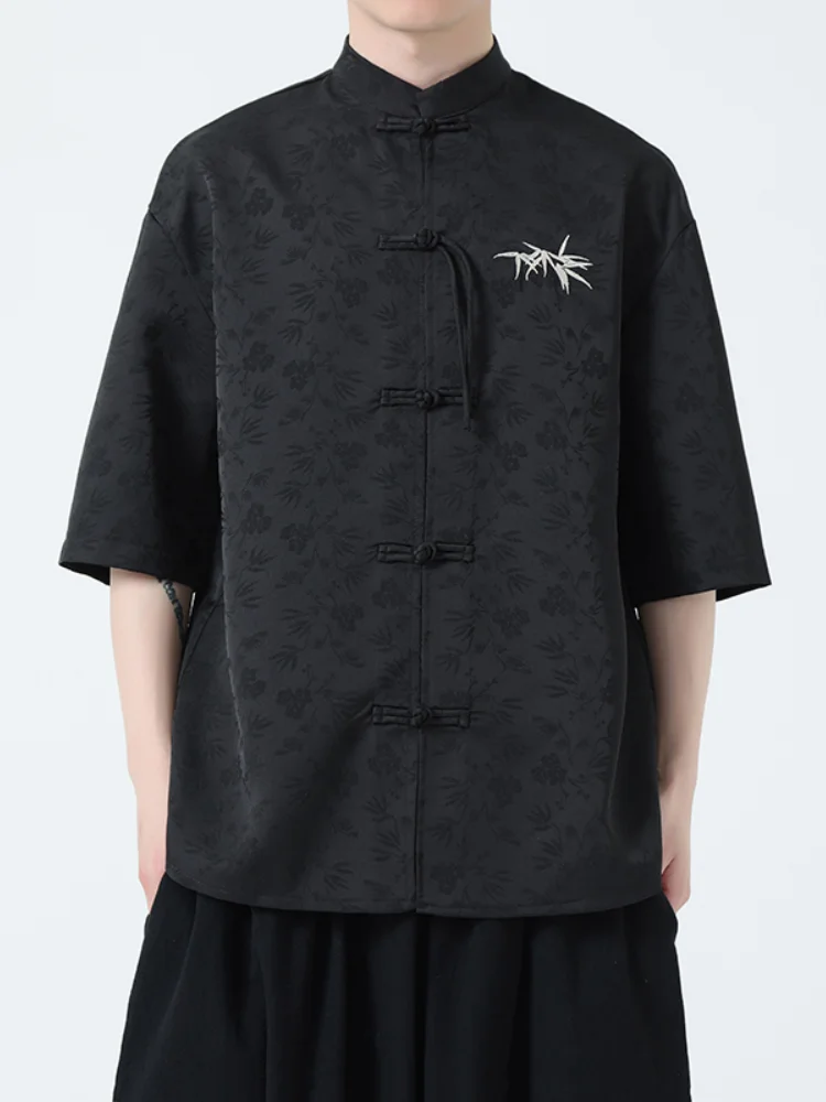 

Ice Silk ort Sve irt Men's Chinese Sle Embroidered Hanfu Top Summer Youth Faion Loose Fit Button down Casual irt