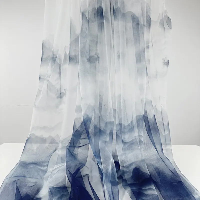 Chinesischer Landschaftsmuster-Tüllstoff pro Meter für Kleidung, Kleider, Hanfu-Näharbeiten, Farbverlauf-Textil, Komfortabel und Dünn