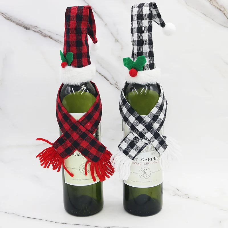 

1 pcs New Year Celebration Checkered Burgundy Wine Bottle Decoration Christmas Mini Scarf Photos Create Beautiful Atmosphere DIY