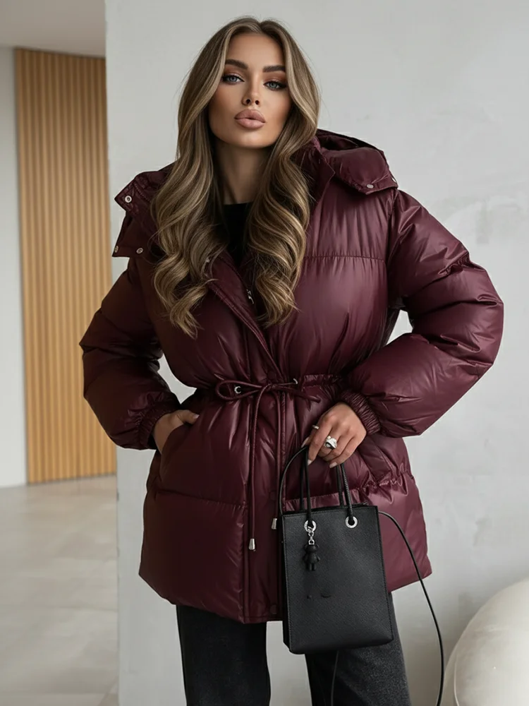 

Women's 2025 Winter Burgundy Shiny Cotton Coat Loose Hooded Adjustable Waist Windproof Long-Sleeve Jacket Pockets Casual Coats