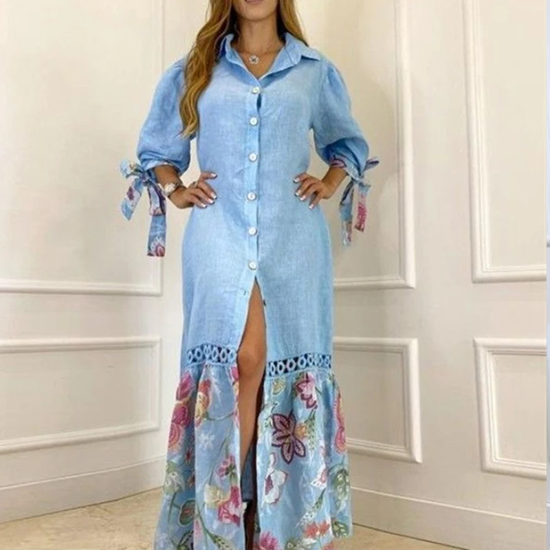 Elegant Lantern Sleeve Sundress Women Dress Fashion Lapel Neck Boho Printing Shirt Dress Single Breasted Maxi Dress Robe Femme