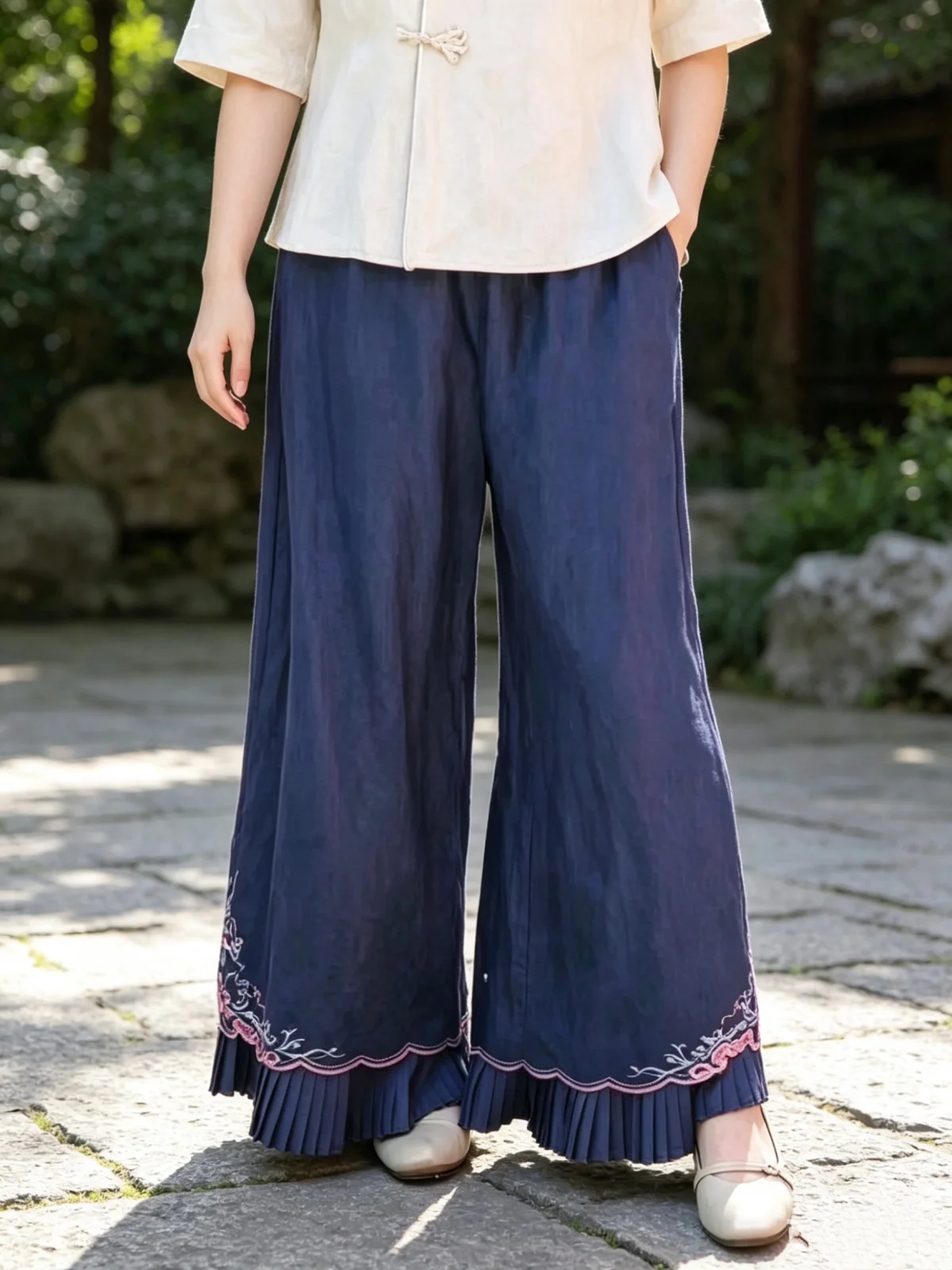 Dark Blue Women's Wide Leg Pants 100% Ramie Double Fabric Casual Vintage Elastic Waist Lace Embroidery trousers