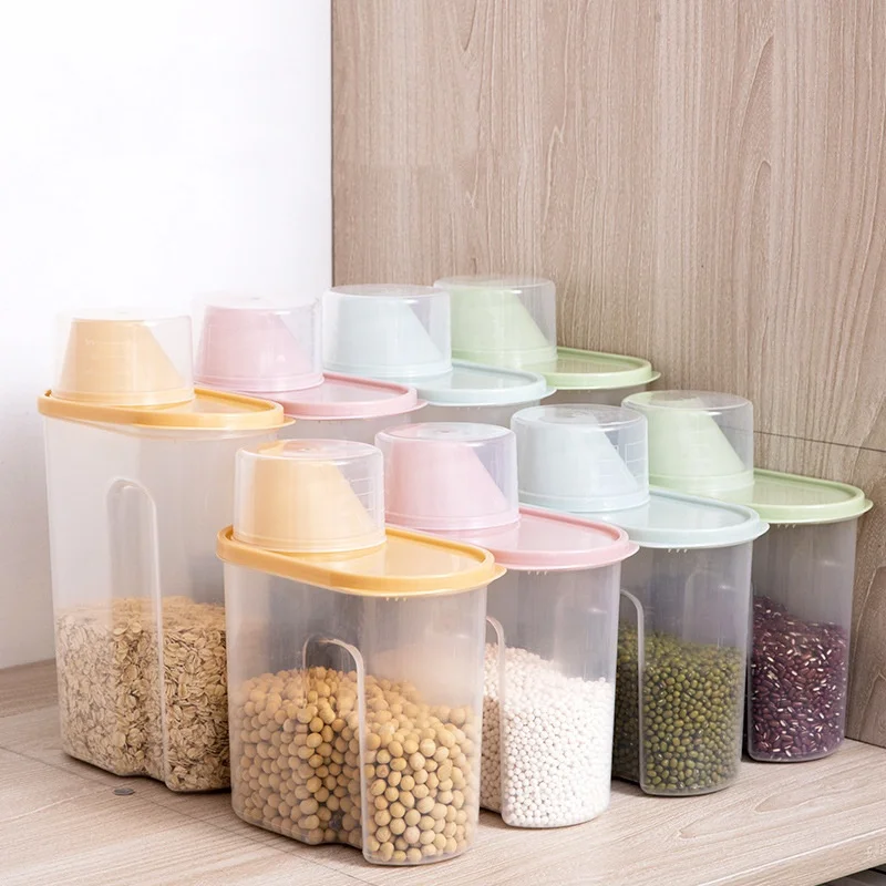 1Pcs Sealed Cereal Insect-Proof Rice Bucket With Measuring Cup Transparent Rotary Food Moistureproof Tank Kitchen Storage Box