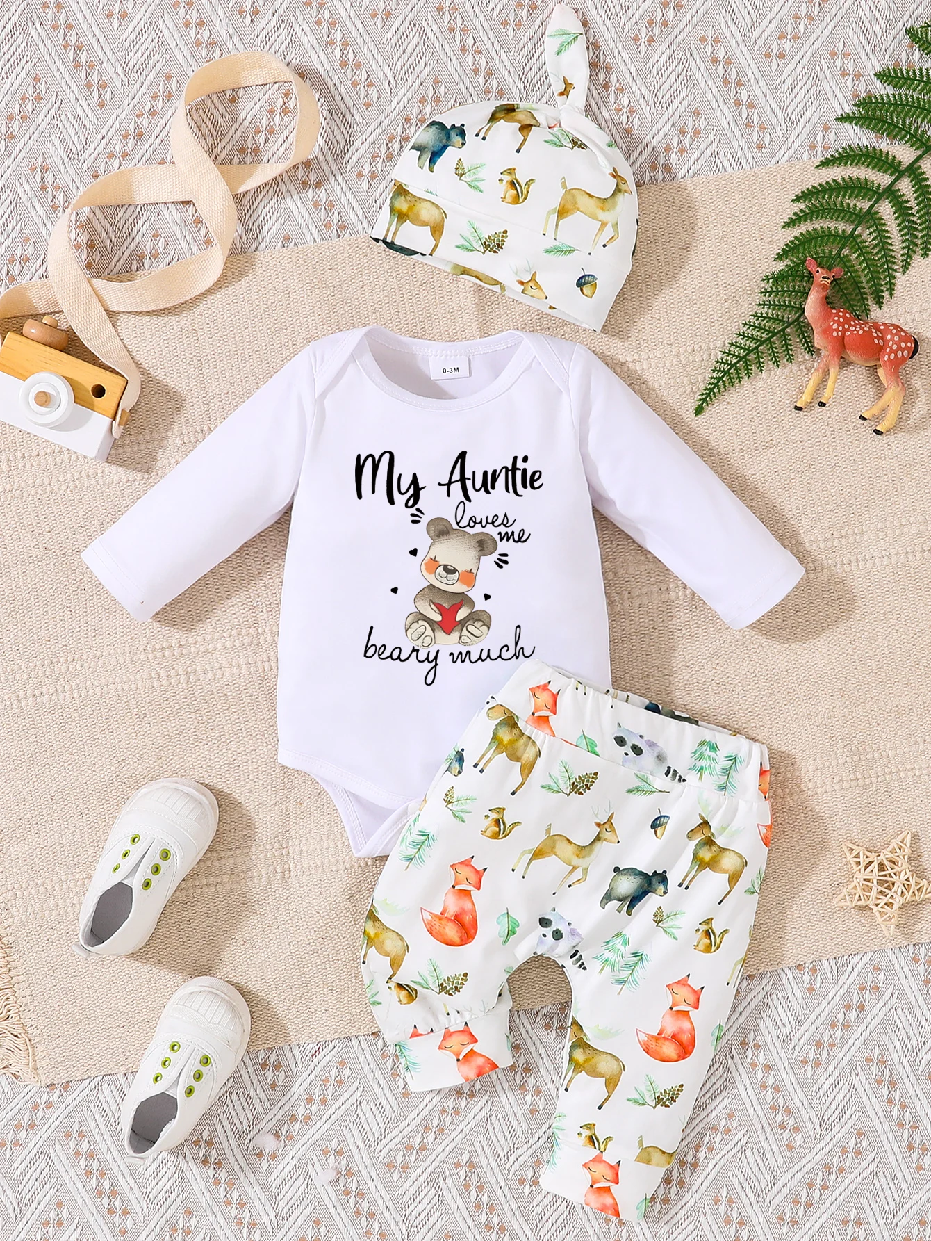 Summer Children's Clothes Newborn Baby Cute Bear Print Top Long Sleeved Trousers Hot Sale Three-piece Set