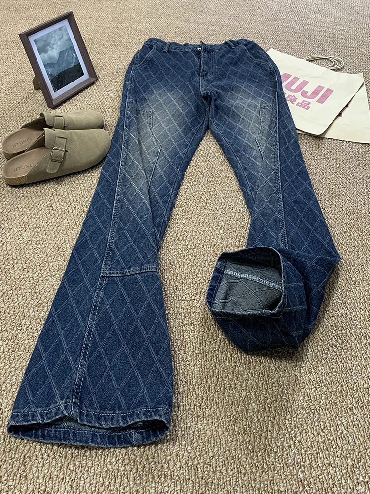 

Waed Blue Denim Jeans Men's Vintage Floral Design CleanFit American Straight Leg MicroFlared Pants Low Waist Zipper Closure