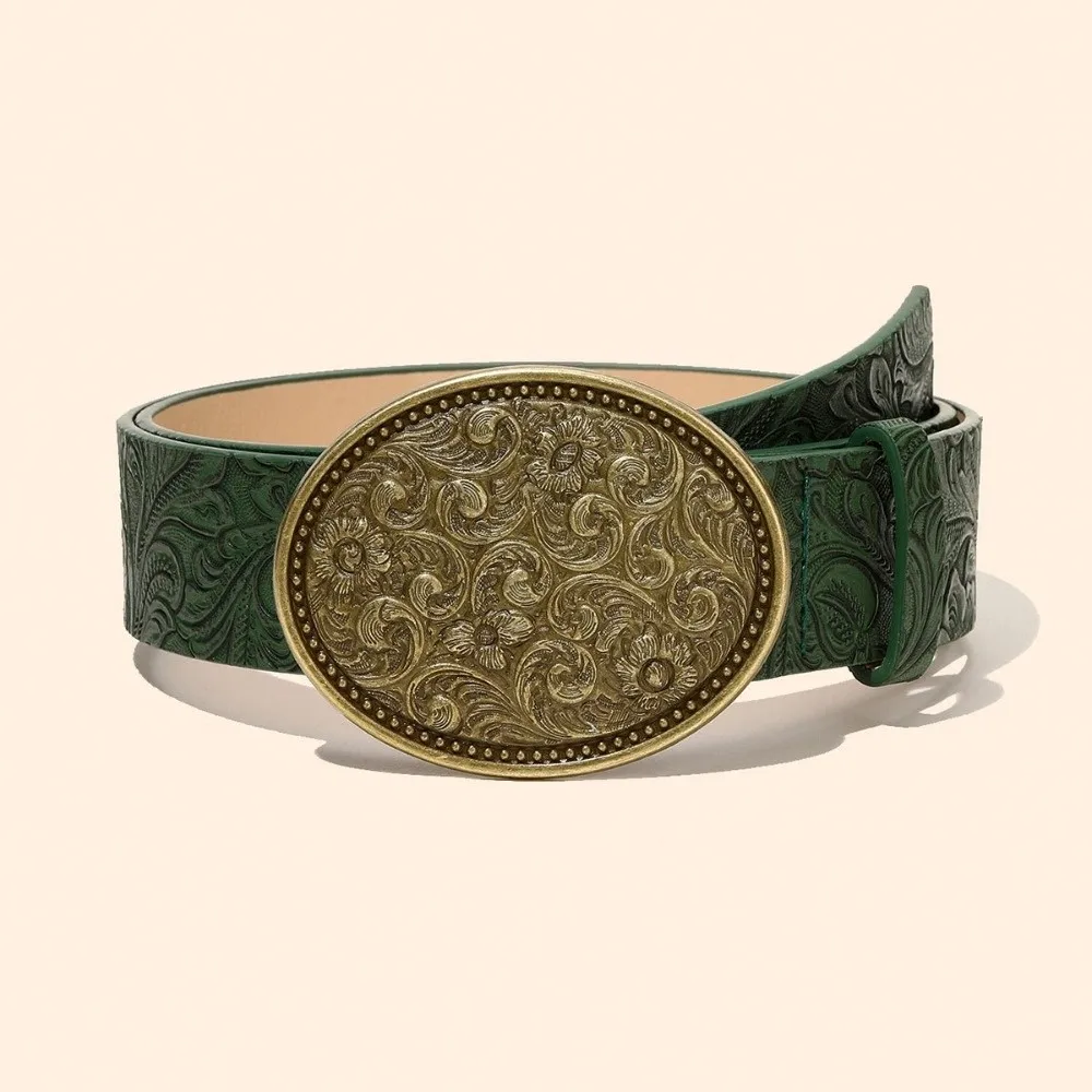 Fashion PU Leather Western Cowboy Belt Retro Punk Rock Carved Buckle Embossed Belt Y2K Vintage Waistband For Man Women