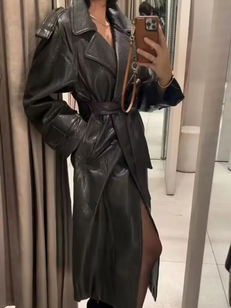 

HH Women Autumn New Lapel Artificial Leather Double-Breasted Long Coat Woman Long Sleeves Pockets High Street Belt Windbreaker