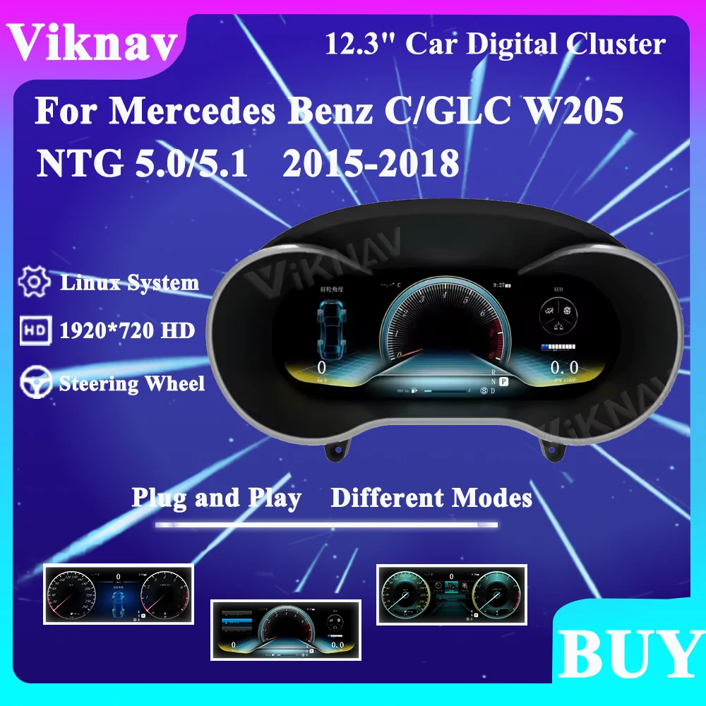 Viknav For Mercedes Benz C/GLC W205 2015-2018 Upgrade Car Dashboard Speedometer Digital Cluster Instrument LCD Display Panel