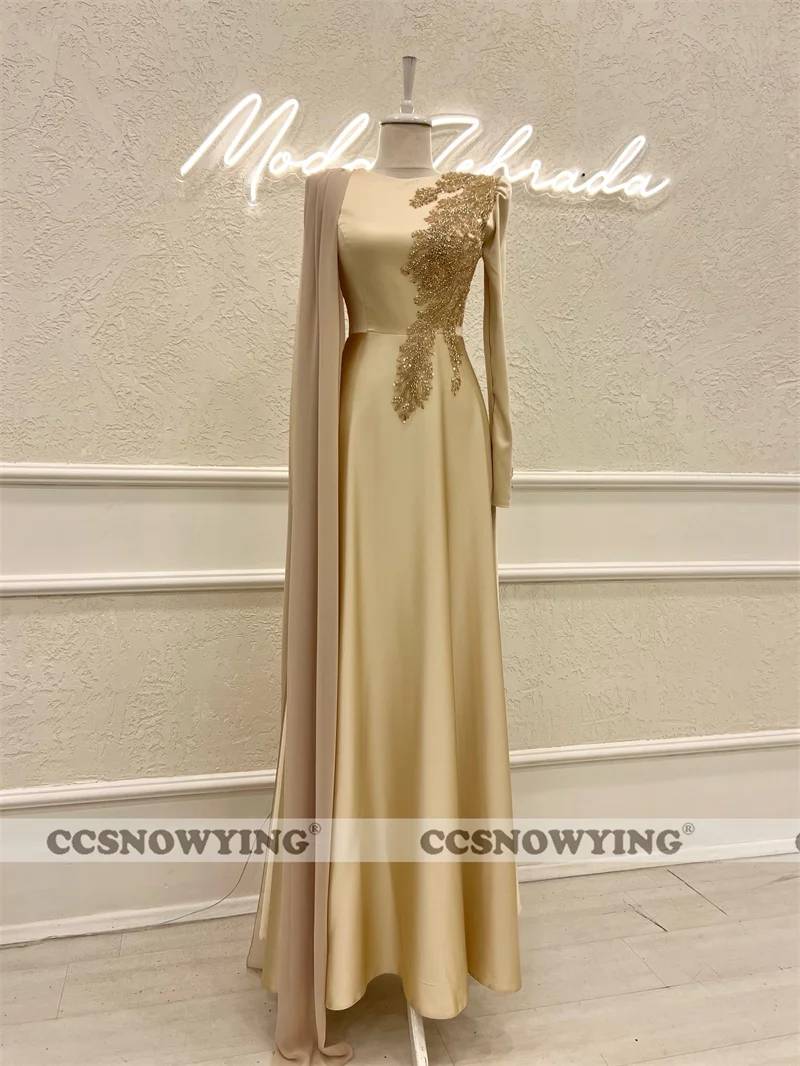 

Full Sleeve Satin Appliques Muslim Evening Dress Arabic Dubai O Neck A Line Hijab Prom Formal Party Gown Moroccan Caftan