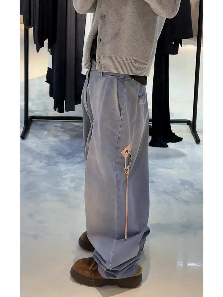 

Retro American Street Style Weathered Leather Buckle Decorative Men's Loose Fit Casual Pants Straight Leg Cotton Long Trousers