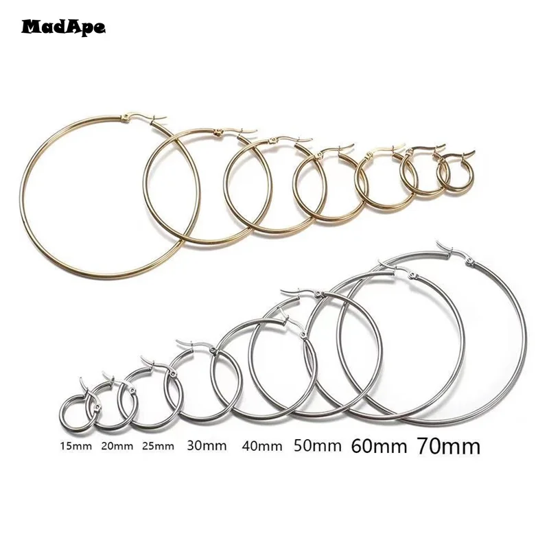 1Pair Stainless Steel Simple Classic Round Circle Hoop Earrings For Women Men Punk Smooth Big or Small Huggie Earring Pendientes