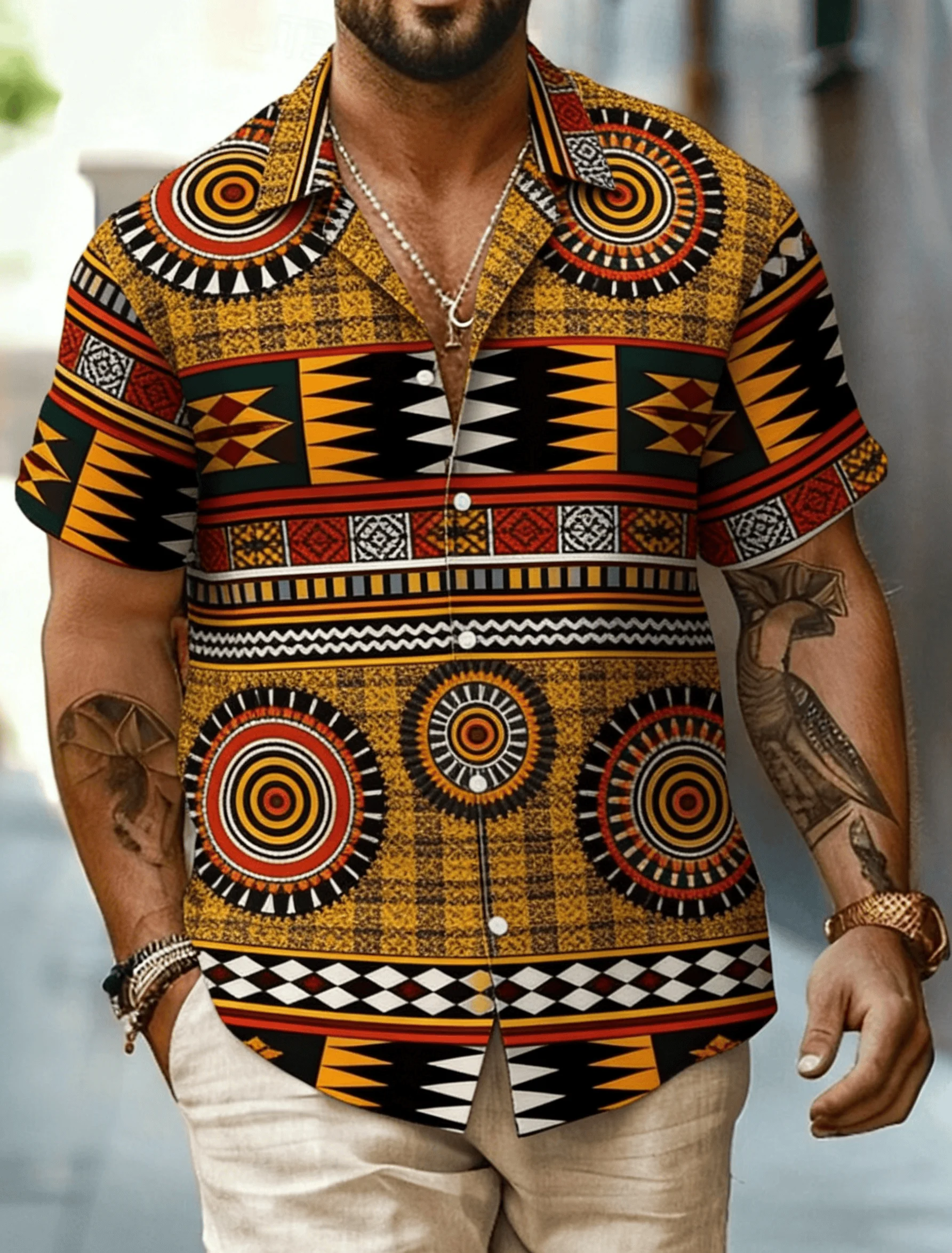 

Men's African Tribal Print Short Sleeve Shirt, Geometric Ethnic Pattern Turn-Down Collar Top, Spring Summer Casual Daily Wear