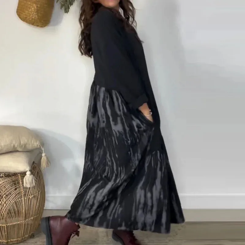 2026 primavera Patchwork Tie-tinte dibujo vestidos largos mujer Sexy cuello redondo suelto Jersey vestido otoño manga larga sudaderas vestido