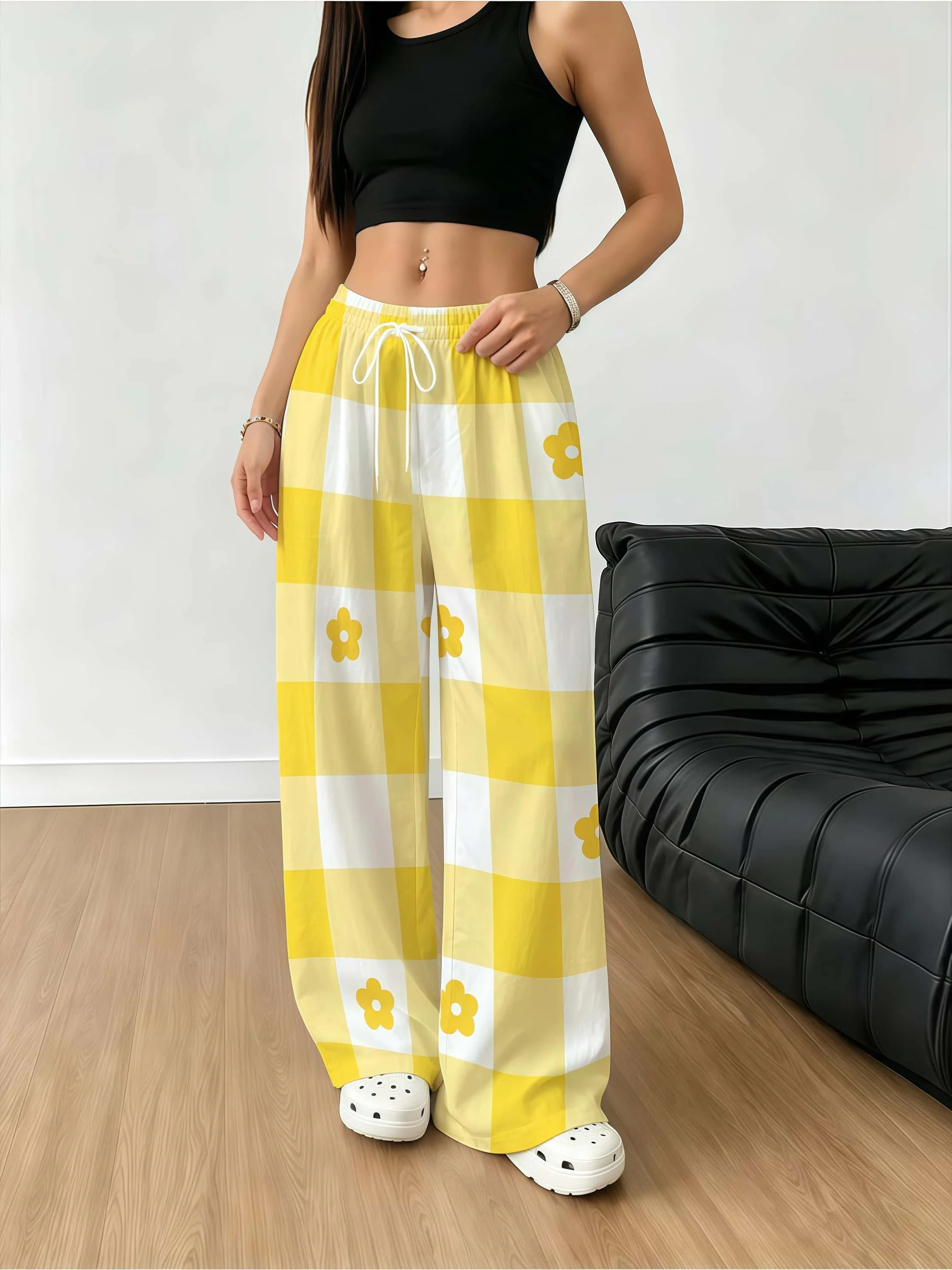 Yellow and White Checkered Small Flower Print Wide Leg Pants with Elastic High Waisted Loose Casual Pants, Small and Fresh Style