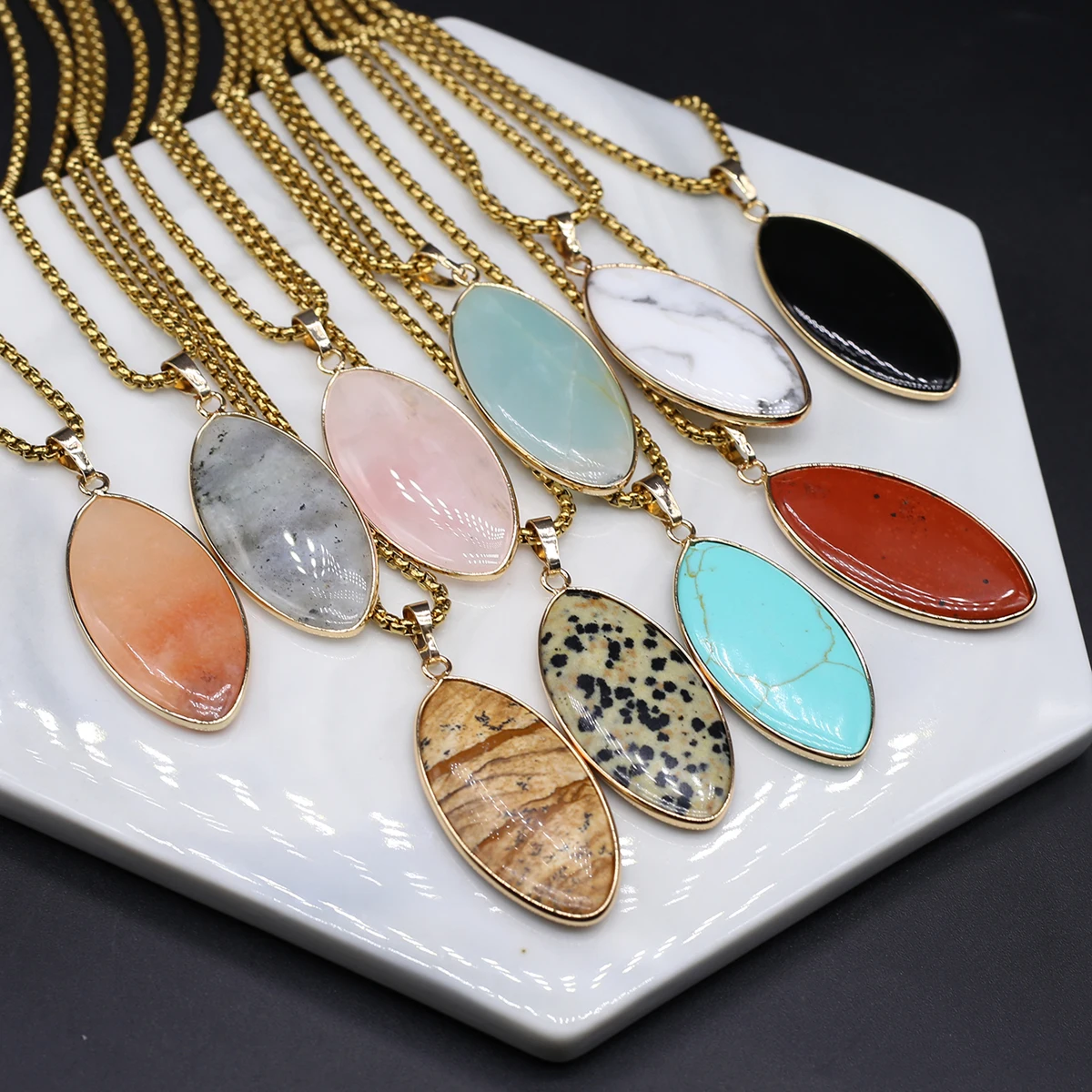 

Stainless Steel Chain Natural Stone Oval Pink Aventurine Obsidian Amazonite Rose Quartz Pendant Necklace for Women Jewelry Gifts