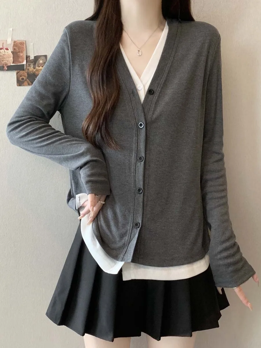 

plus Size Vintage Color Blo V Ne oulder Length Knitted Open Cardigan Women's Base irt Top for Flattering Belly Slimming