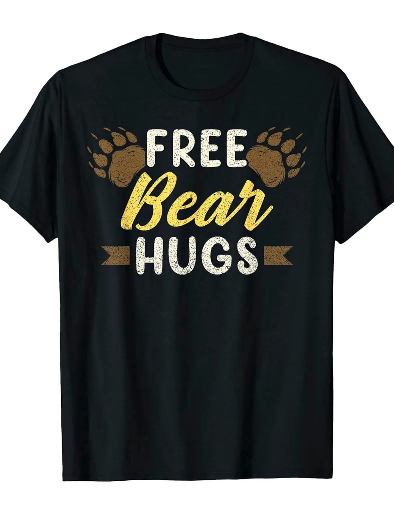 Funny Men's Black Graphic T-Shirt Bear Paw Prints Free Bear Hugs Distressed Slogan Rustic Typography 100% Cotton Heavyweight Short Sleeve Casual Streetwear Tee
