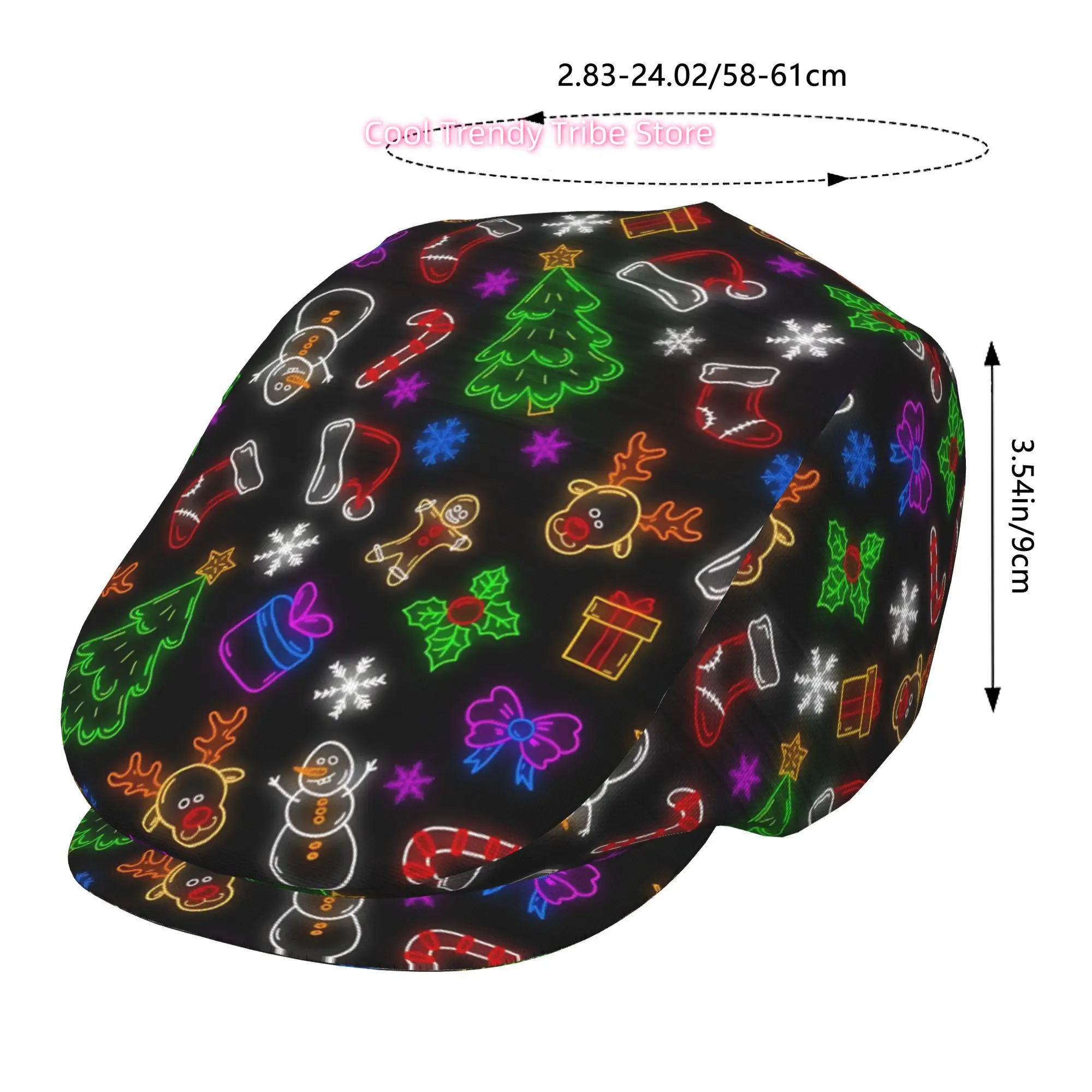 1pc Neon Christmas Elements Full Face Print Beret Fashion Newsboy Cap Unisex Golf Cap Outdoor Sports Leisure Activities Formal O
