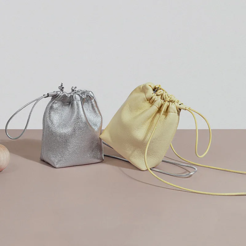 

Korean Style Lambskin Mini Lucky Pleated Drawstring Handle Bucket Bag Female New Silver Leather Suede Crossbody Bag Top-handles