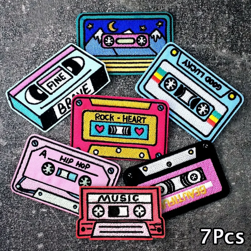 7Pcs/Lot Magnetic Video Cassette tape Patches Embroidery Applique Ironing Clothing Sewing Supplies Decorative Badges