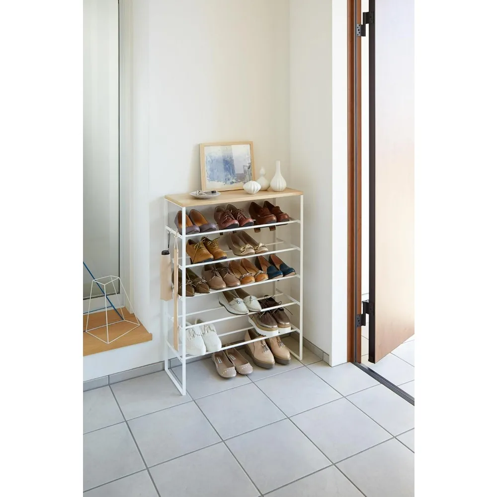 6 Tier Wood Top Shoe Rack Steel One Size White Shoe Shelf