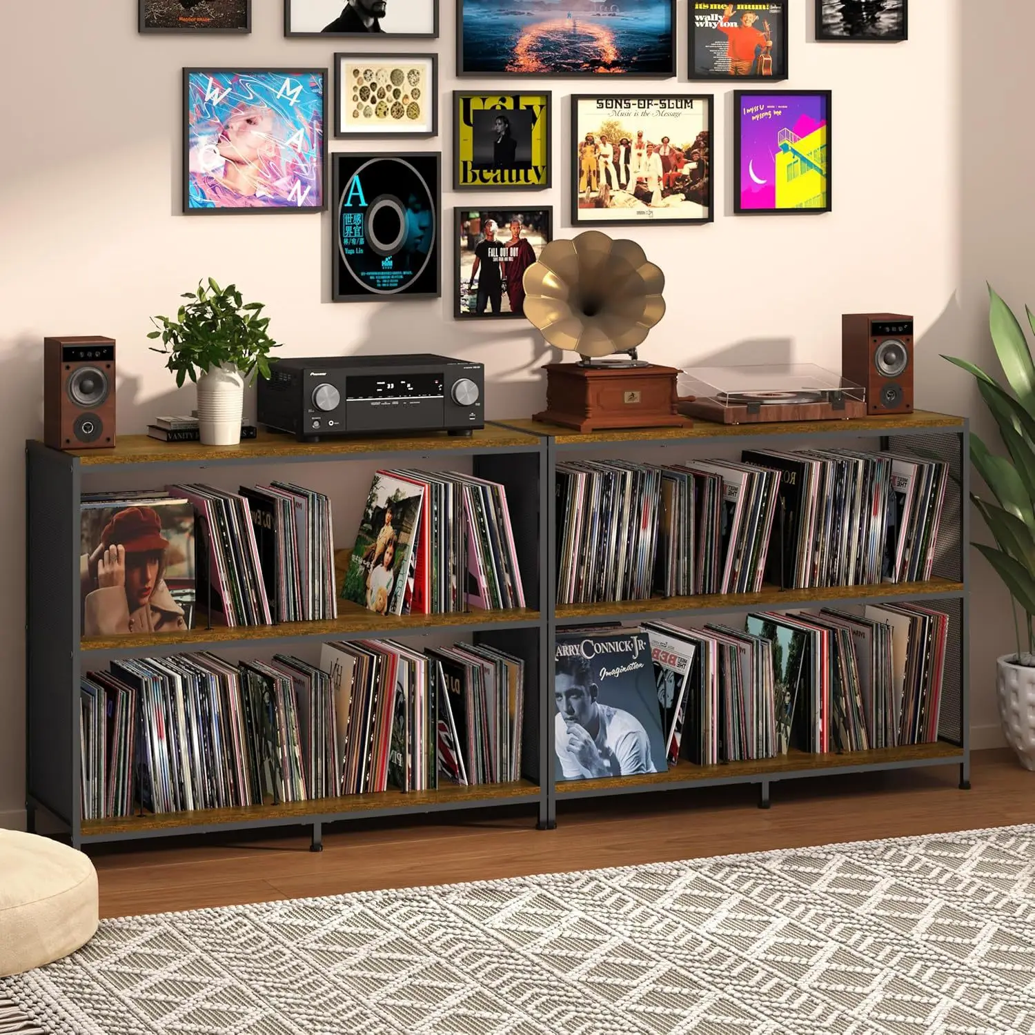 Mesa para tocadiscos, estante de almacenamiento de discos de vinilo bilateral, estante para tocadiscos, combinación de hierro y madera