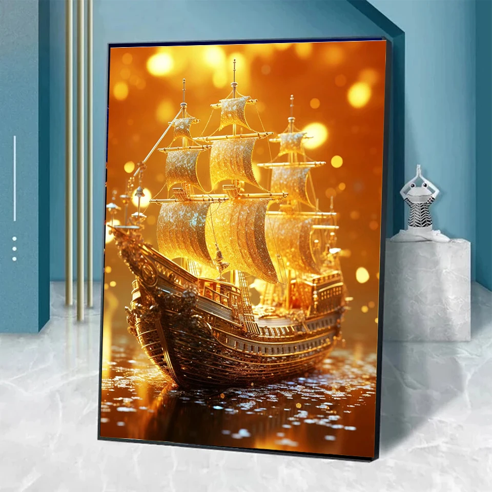 DIY 5D Diamond Painting Sailboat Diamond Embroidery Gold Ship Cross Stitch Full Round Square Drill Mosaic Manual Art Gift Decor