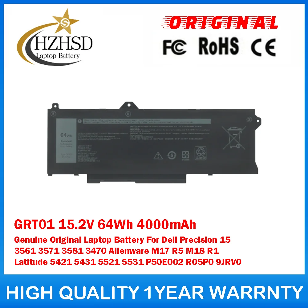 

GRT01 15,2 В, 64 Втч, 4000 мАч, оригинальный аккумулятор для ноутбука Dell Precision 15 3561 3571 3581 3470 Alienware M17 R5 M18 R1