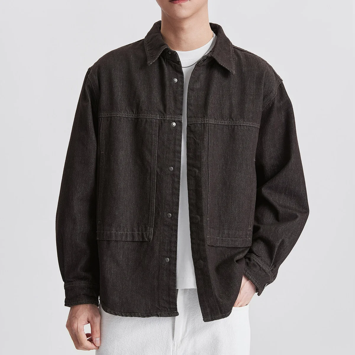 Men's Long Sleeve Loose Casual Washed Coffee Denim Cargo Shirts American Fashion Streetwear Oversize Shirt Coat