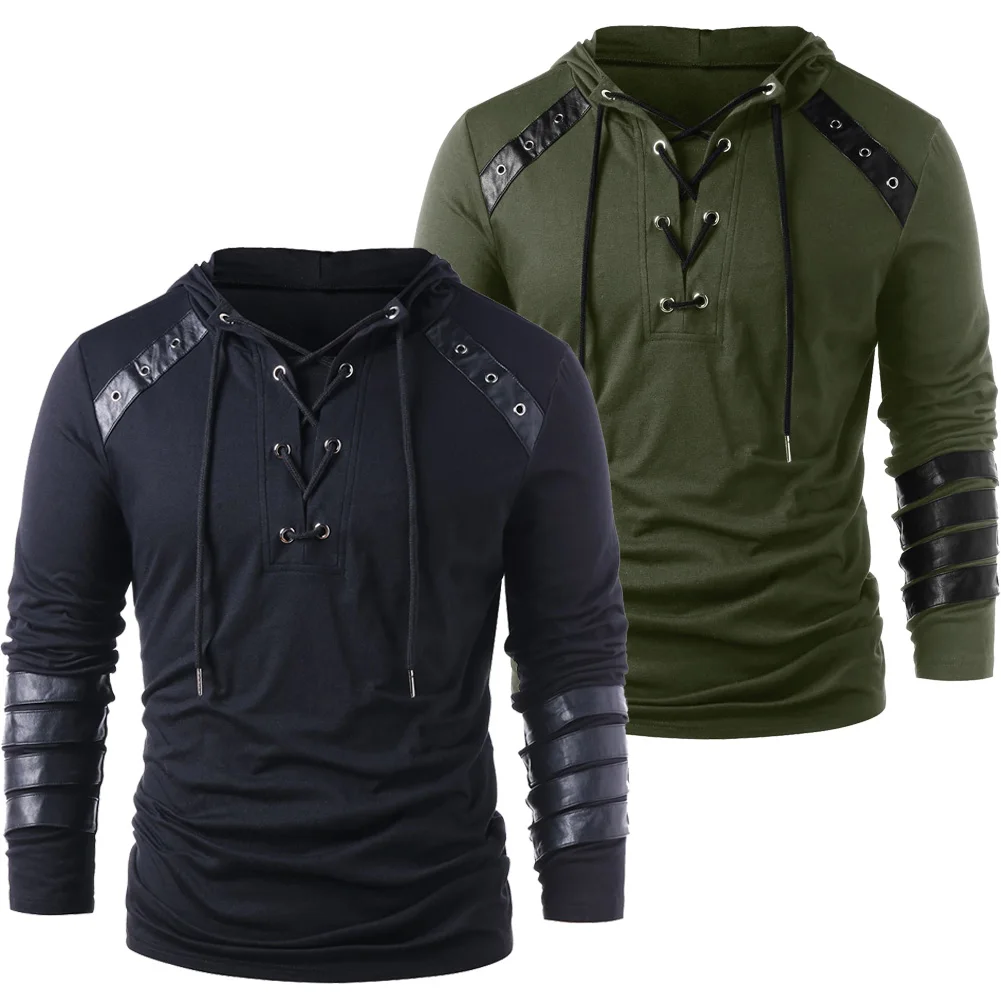 

Adult Men Fancy Medieval T-shirt Gothic Steampunk Sweatshirt Lace Up Long Sleeve Pullover Hooded Tee Halloween Shirts Tops