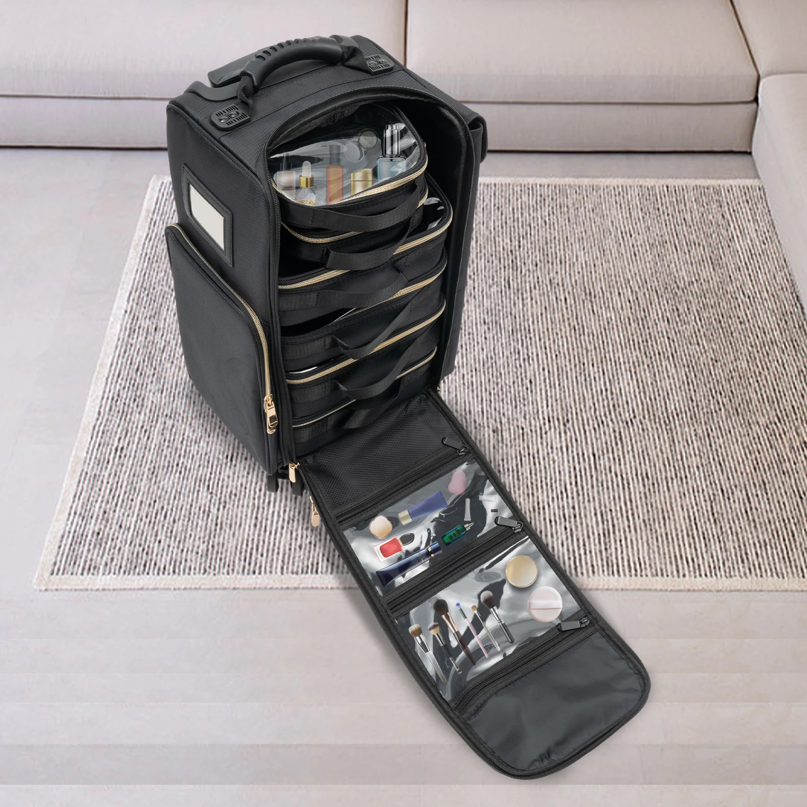 حقيبة قطار المكياج المتدحرجة منظم تخزين مستحضرات التجميل مع 6 أكياس مستحضرات التجميل القابلة للإزالة حقيبة مستحضرات التجميل بعجلات دوارة للمكياج
