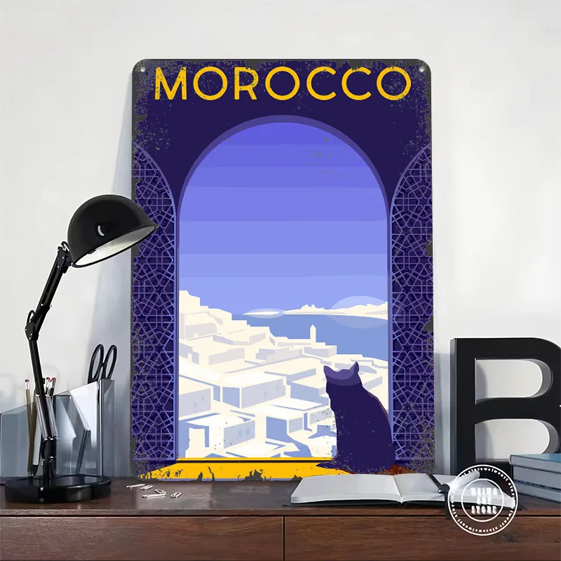 Morocco Travel With Cat Printed Poster Customized Wall Art Retro Vintage Metal Tin Signs for Bedroom Decoration Room Decor Men