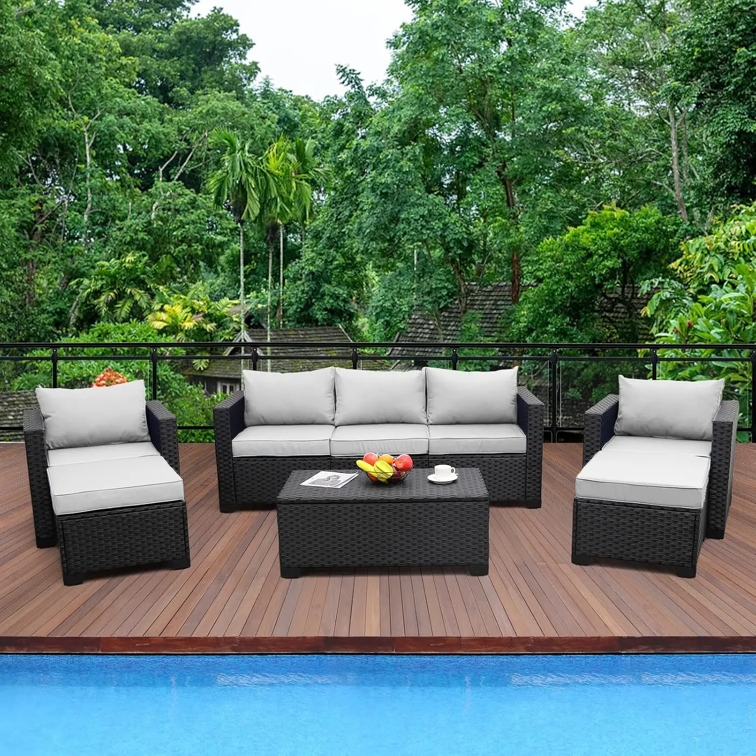 Rattaner Patio Wicker Furniture Set 6 Pieces Outdoor HDPE Wicker Conversation Couch Sectional Chair Sofa Set with Grey Cushions