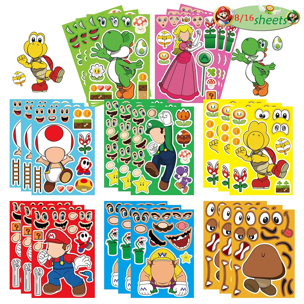 Autocollants de puzzle de jeu Super Mario pour enfants, faire un visage, bricolage amusant pour enfant, assembler un puzzle, décalcomanie, jouet, décoration de fête d'anniversaire, 8 feuilles, 16 feuilles