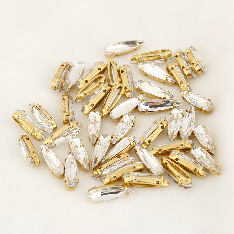 PEESOM New Shape 20pcs 4x15mm Teardrop Colorful Sew on Glass Teardrop Rhinestone Gold Sharp Drop Crystal Sewing DIY Accessories