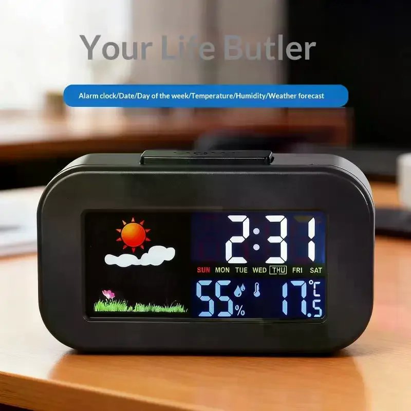 Weather Station Clock With Color Display - Temp & Humidity Monitor Backlit For Kids & Teens Perfect For Bedroom/Dorm Desk