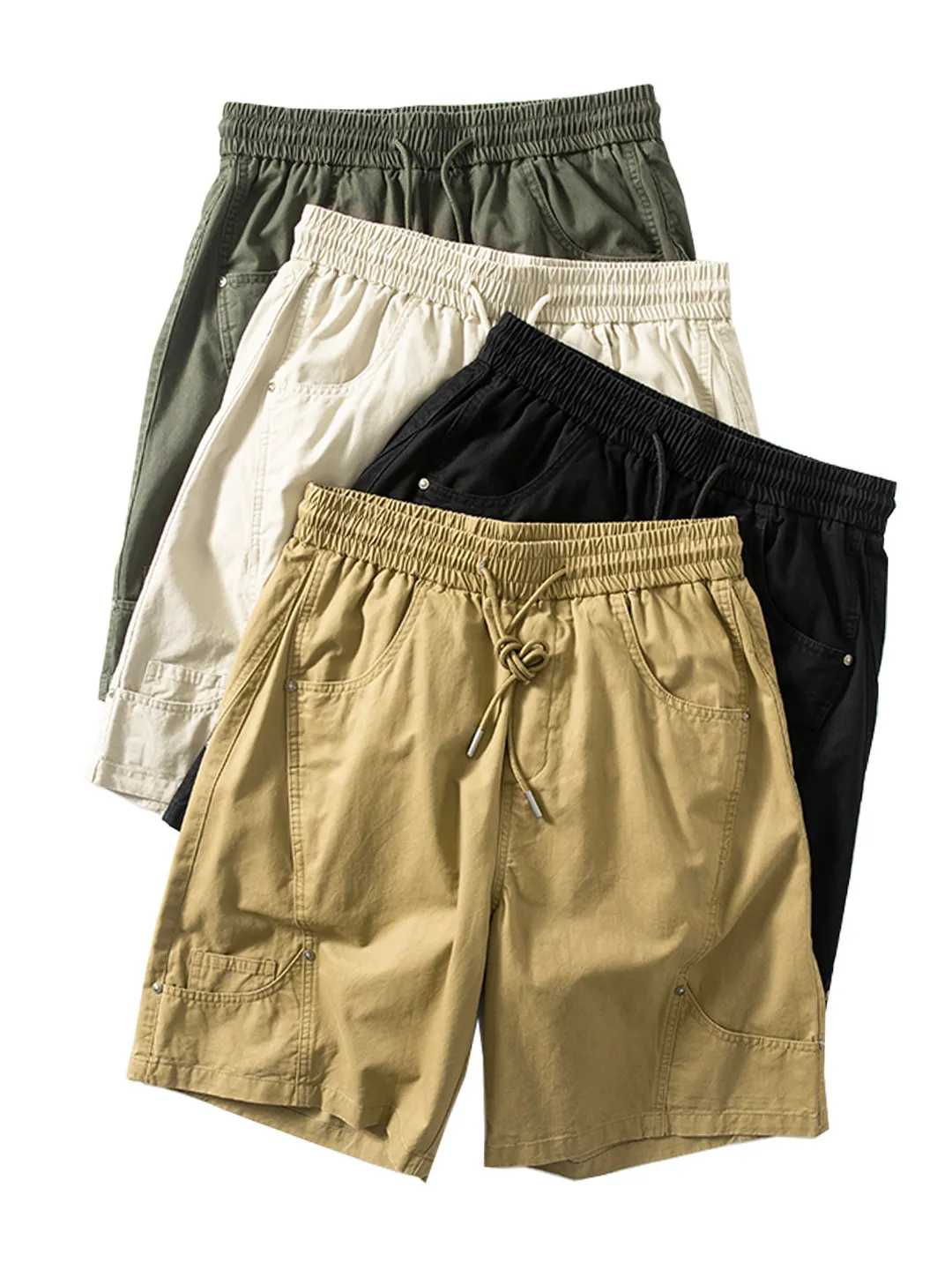 Men's American Streetwear Vintage Cargo Shorts Elastic Waist Comfortable Relaxed Straight-Leg Fit Washed Pure Cotton Summer