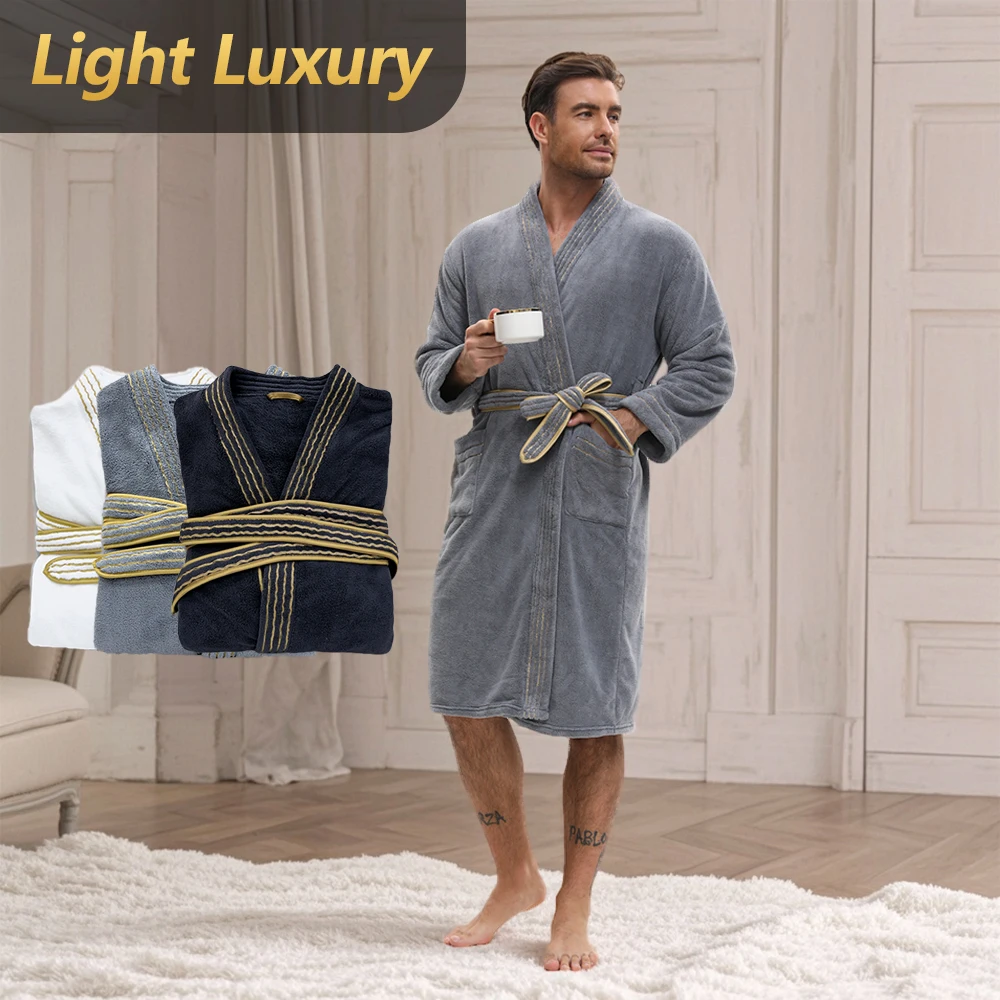 Elegante conjunto de albornoz grueso de lana coral larga de color sólido para hombre, albornoz largo con bolsillo, cómodo y ajustado para el hogar