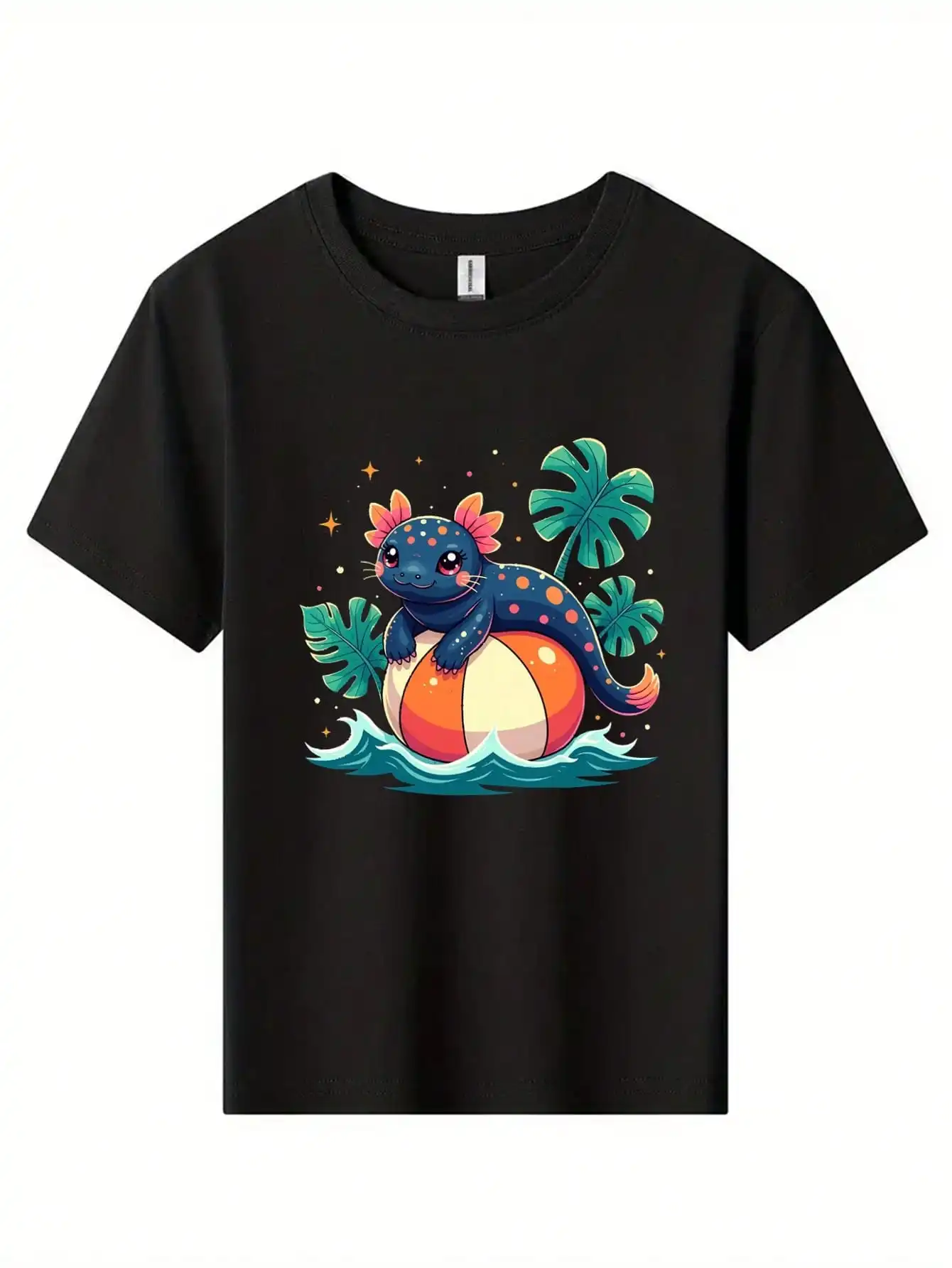 

Cute Mexican Axolotl Salamander Pattern Cotton T-Shirt, Black Tee With Salamander On A Beach Ball And Tropical Leaves