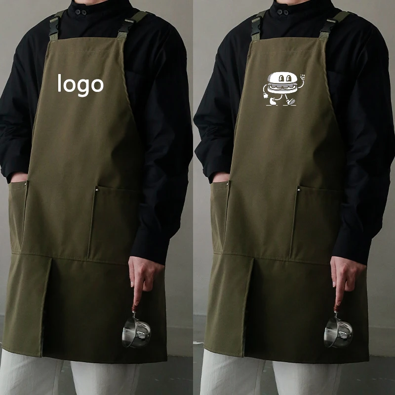 Custom Logo Apron With Split Design Waterproof Canvas Cotton For Coffee Shop Restaurant Kitchen