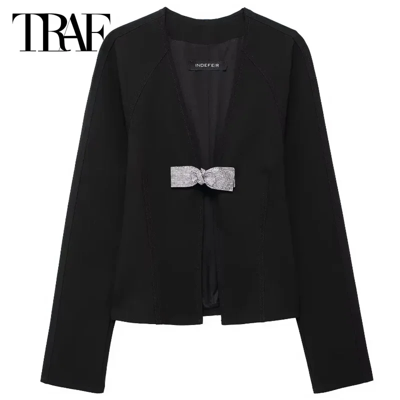 

TRAF Women's Blouse Spring Summer 2024 Rhinestones Bow Shirt Black V-Neck Long Sleeve Blouse Elegant And Youthful Woman Blouses