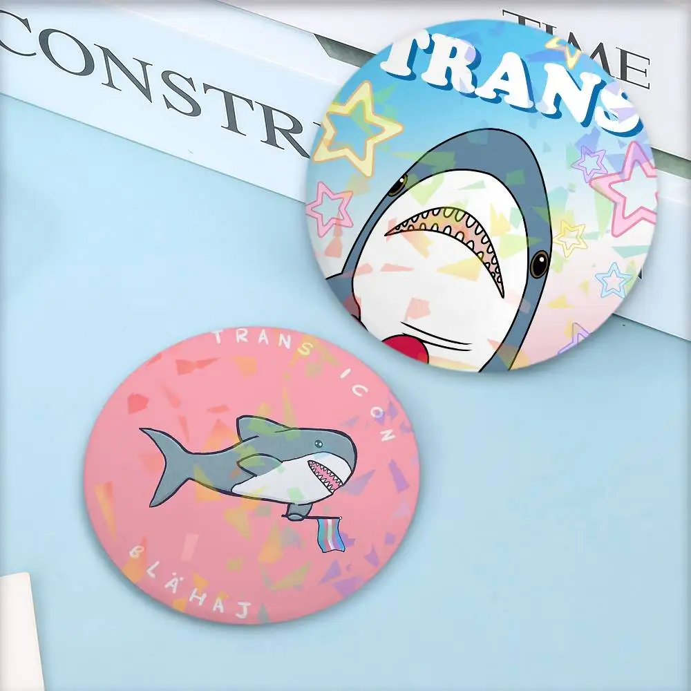 Trans Blahaj Shark Cartoon Round Badge for Backpack Accessories Laser Lapel Pins Jewelry Gifts view 3