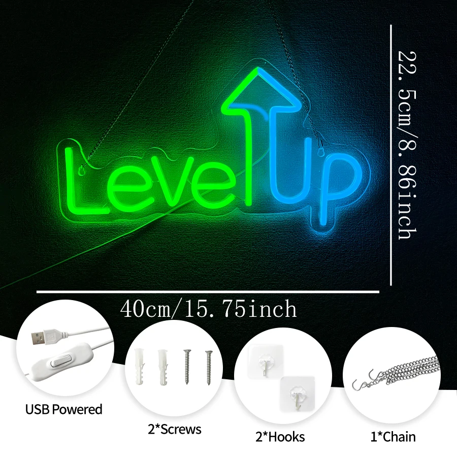 Level UP Neon Sign, Game Room Game Zone LED Neon Light Wall Art Decor Home Bedroom Gaming Room Decoration Party Decor