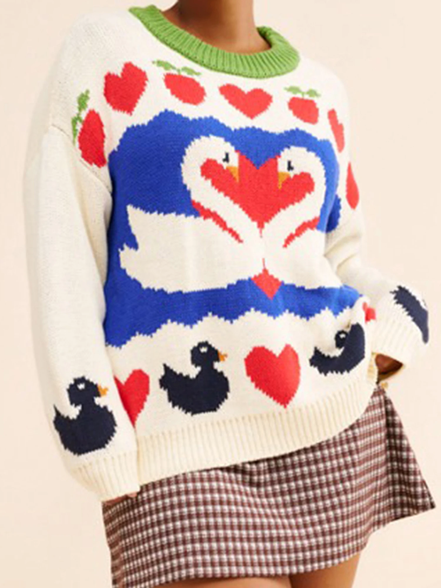 المرأة سترة الشتاء المريحة المتضخم عادية الغزلان طباعة مضلع تقليم طاقم الرقبة طويلة الأكمام متماسكة البلوز سترة علوية