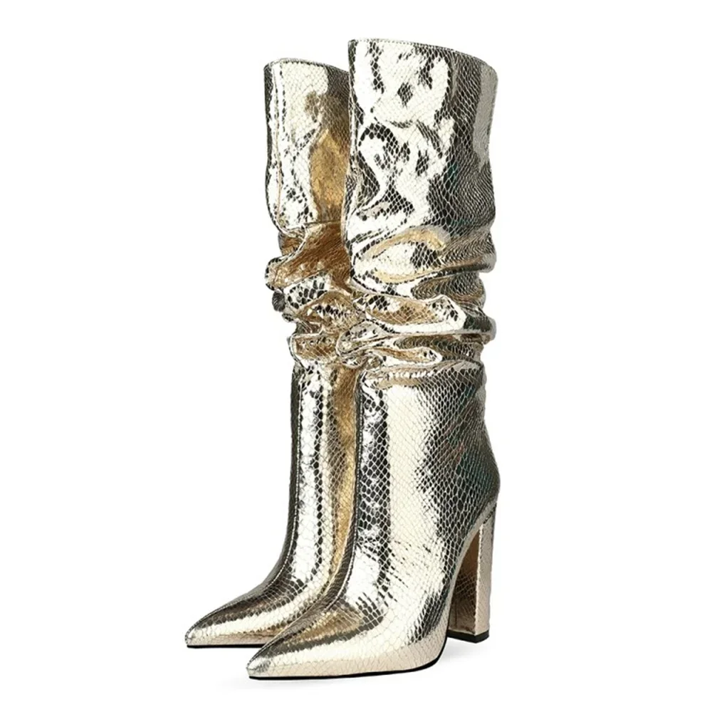 Slouchy Western Knee High Boots for Women, Pointed Toe Chunky Block Heel, Metallic Patent Retro Cowgirl Footwear for All Seasons