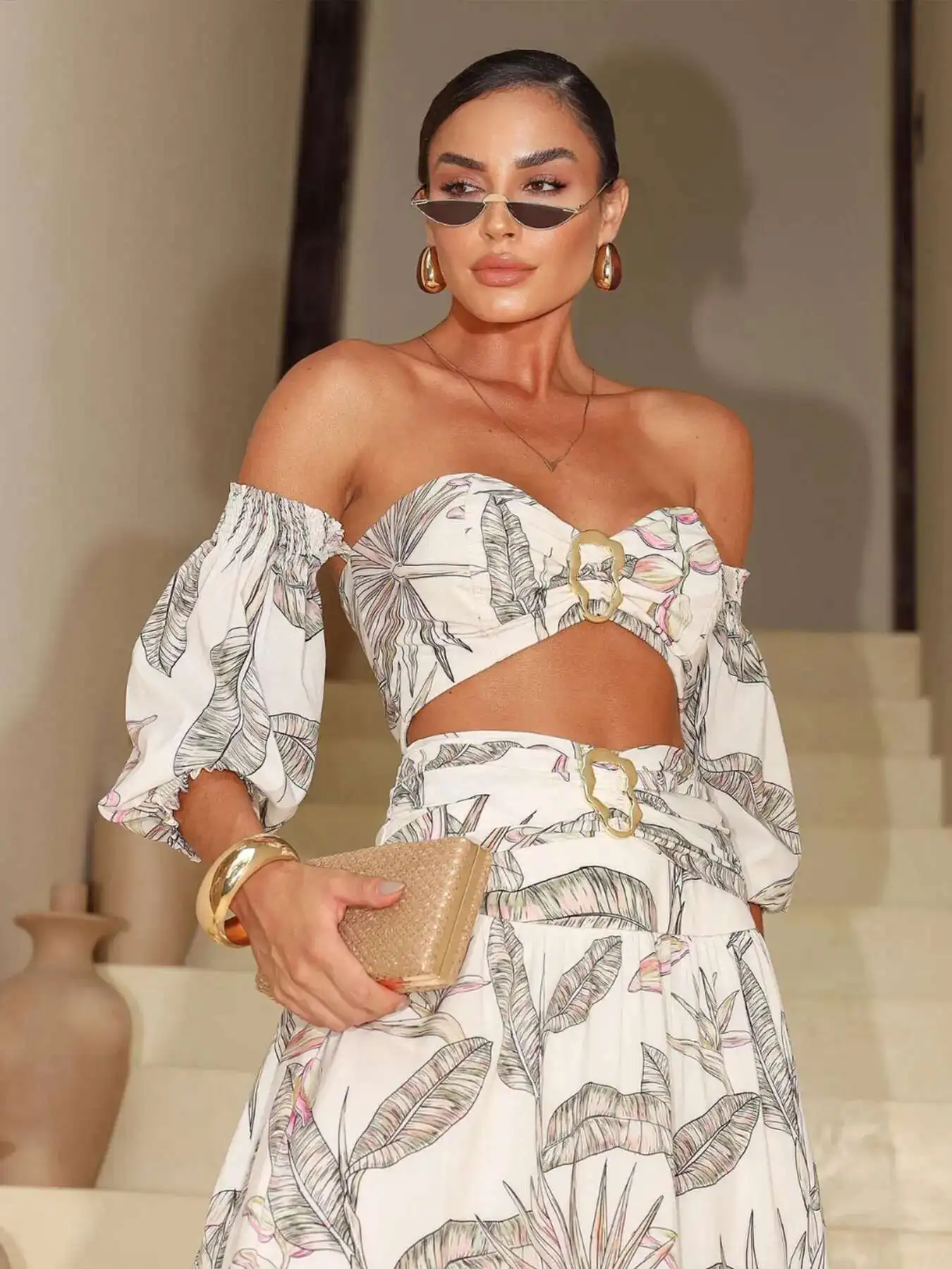 

Long Sleeve Set Women A E High Waist Skirt Bandage Super Short Top Summer Beach Holiday Party Bathing Suit